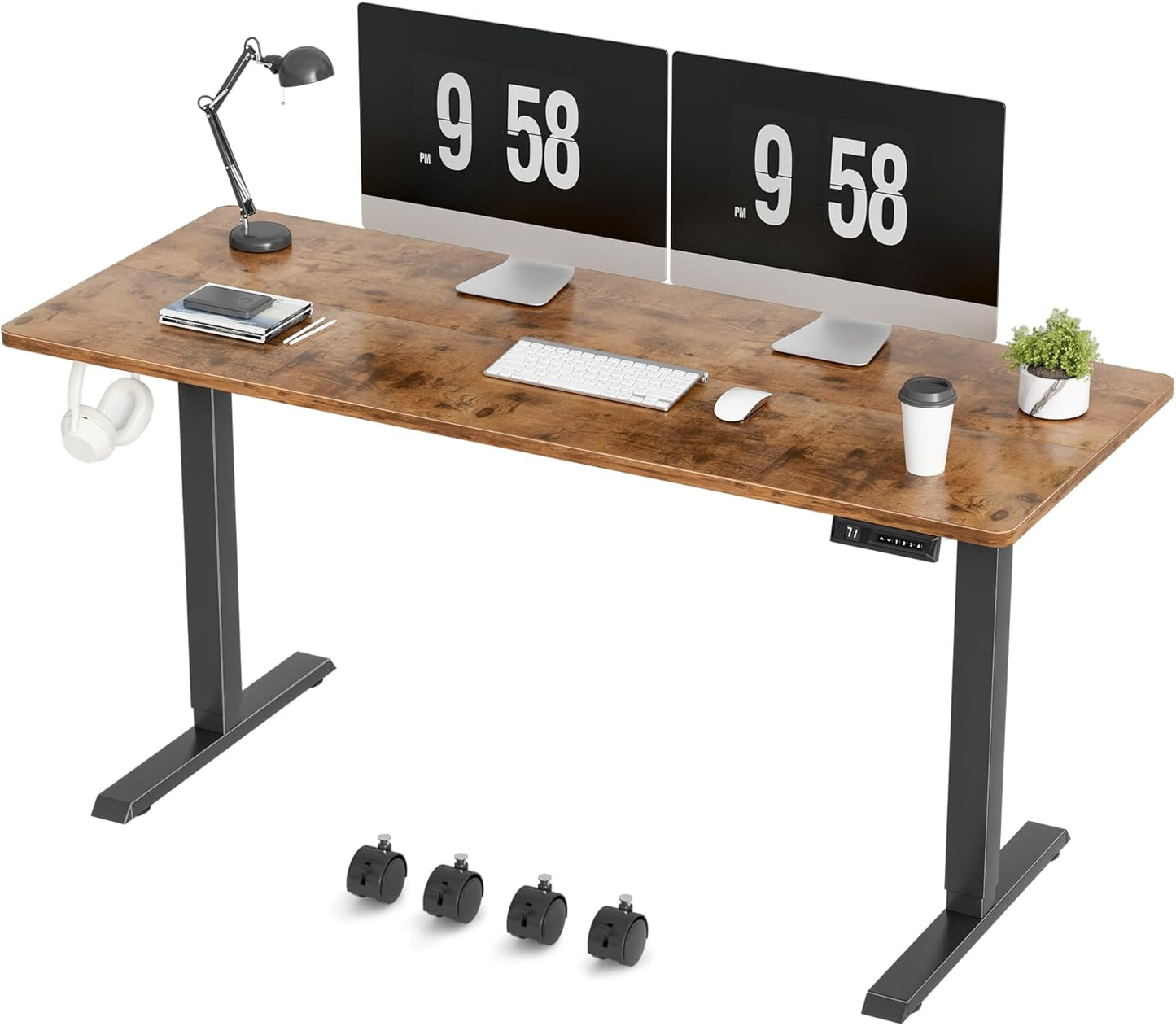 Furmax Electric Standing Desk, 59 x 24 Inches Height Adjustable Desk with Wheels, Home Office Computer Desk with Management Box (Brown)