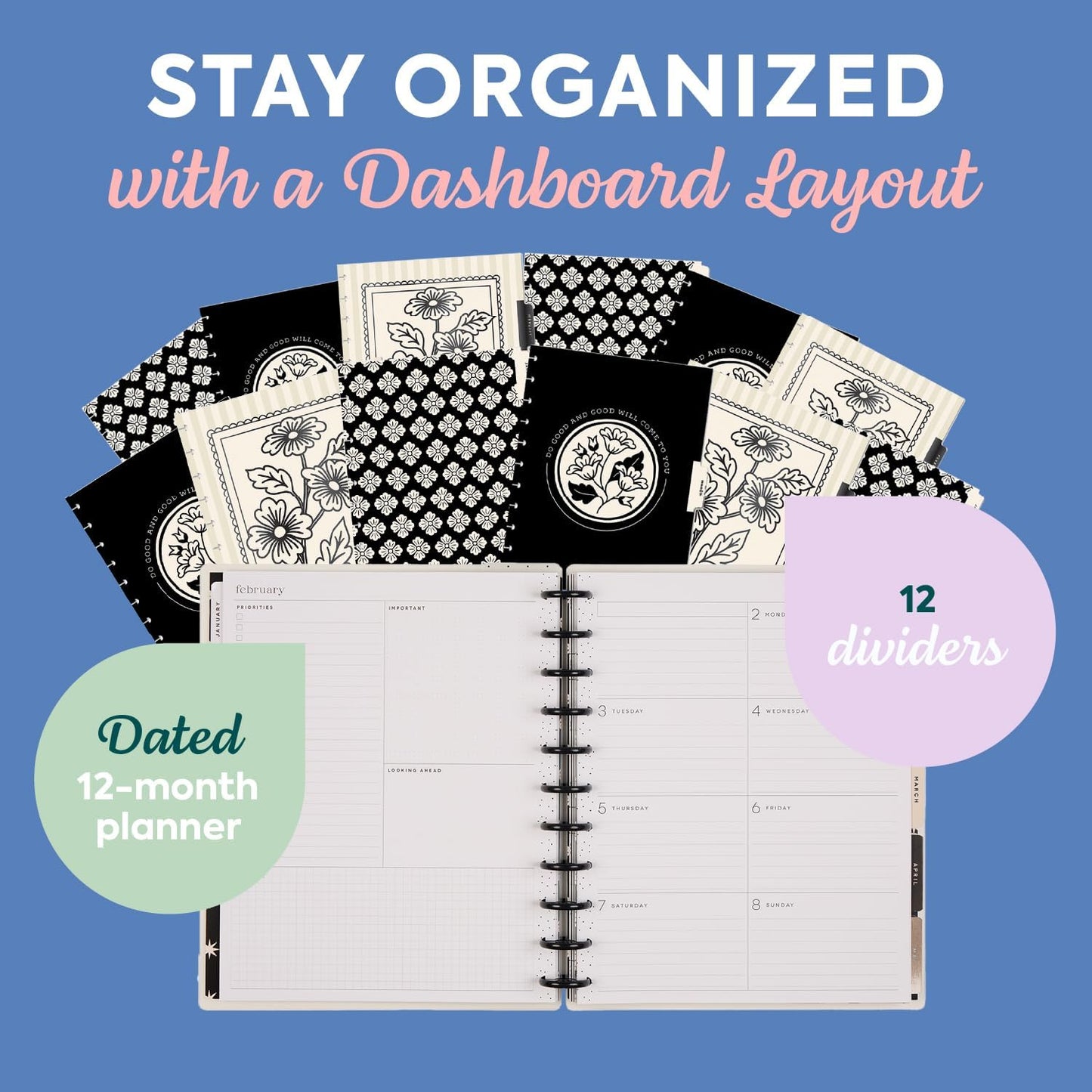 Happy Planner Disc-Bound Planner Jan.–Dec. 2026, Includes 3 Extra Months and 2 Sticker Sheets, Big Size, 8.5" x 11", Dashboard Layout, Ink & Ivy