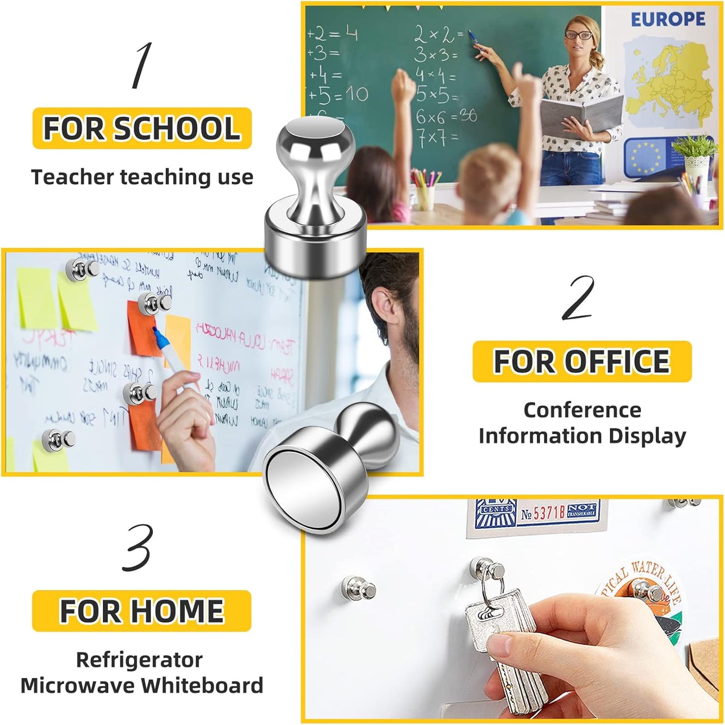 20 Pack Magnetic Push Pins, Silver Strong Fridge Magnets, Whiteboard Magnets, Refrigerator Magnets Strong, Dry Erase Board Magnets for Fridge, Whiteboard, Office, Classroom, Kitchen, Map