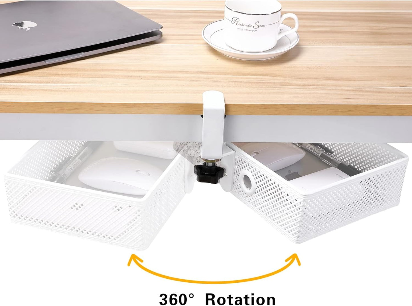 Mesh Desk Organizer and Clamp-on Swivel Pencil Drawer, Desk Hidden Desk Organizer Extra Sturdy C-Clamp Mount System and Easy to Instal, Home Office Art Supply Storage Box (White)