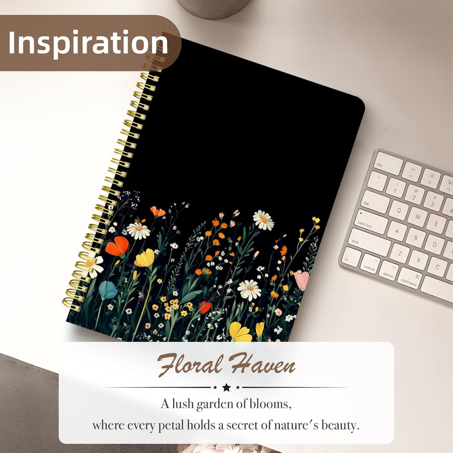 Cute Spiral Notebook journal B5 Aesthetic Pretty Design for Women Girls Kawaii with Pocket, 10 x 7.2 inch, Lined, Black Flower