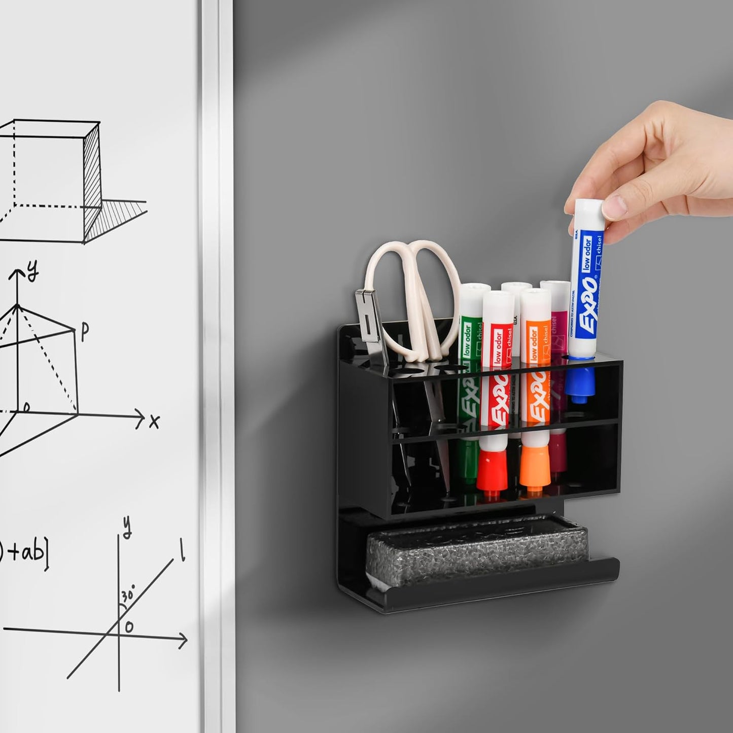 Dry Erase Marker Holder, Wall Mounted Acrylic Marker Holder with 10 Slots, Sticky Pen Storage for Classroom Organization, Whiteboard, Office, Black
