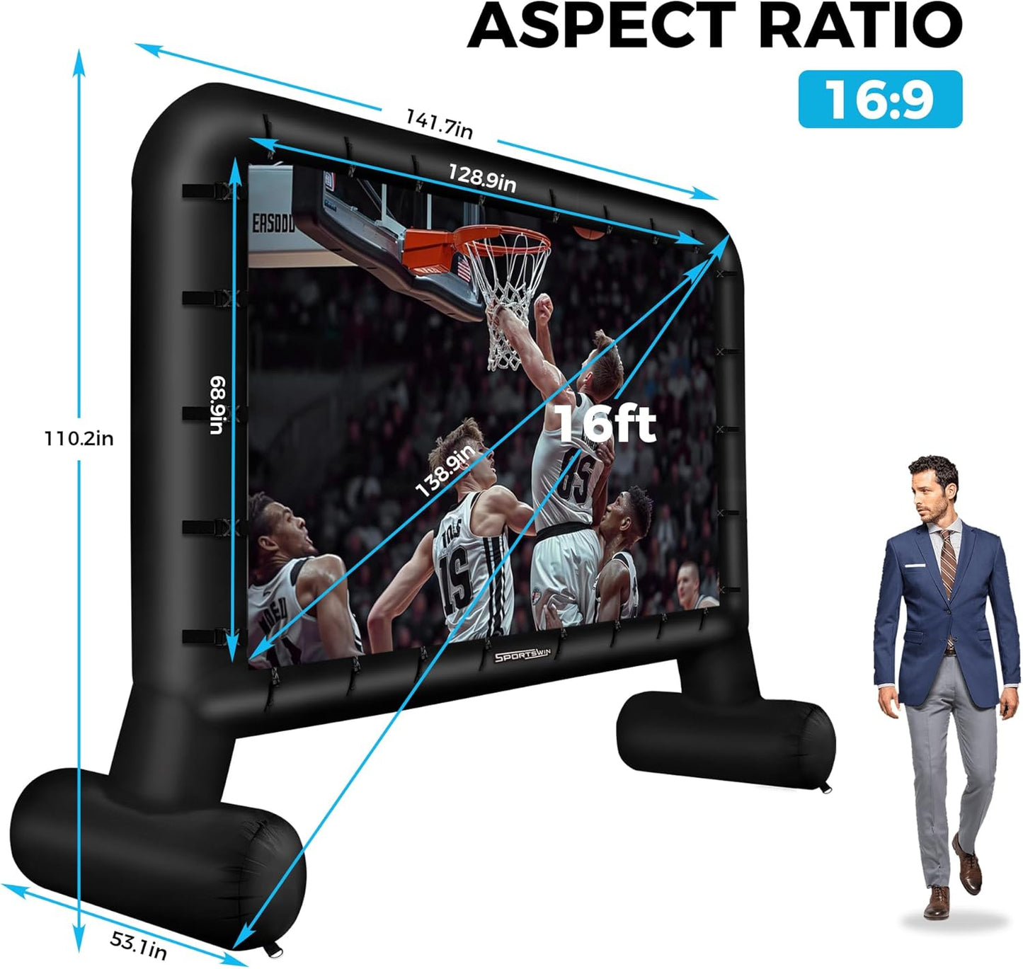 16FT Inflatable Outdoor Movie Screen, Blow up Projector Screen Outdoor with Air Blower, Movie Screens for Backyard with one Piece Design, Front & Rear Projection, Easy Set up