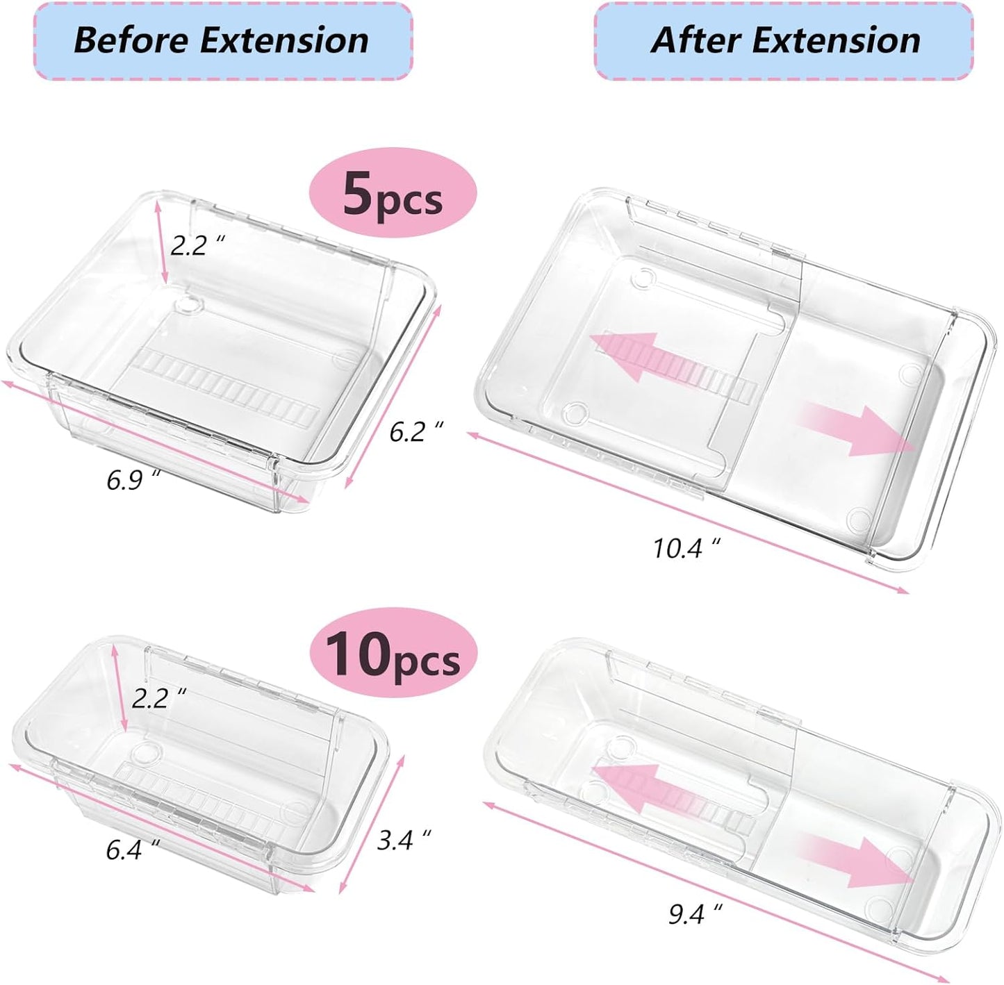 15 Pcs Clear Extendable Drawer Organizer,Adjustable Vanity Storage Box, 2-Size Desk Drawer Organizer, Acrylic Storage Bin for Makeup, Cosmetic,Desk Organizer Gadgets for Bathroom Bedroom Kitchen