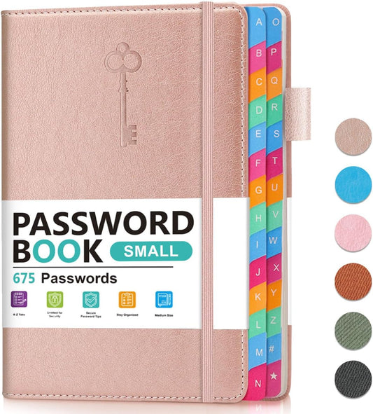 Small Password Keeper Book with Colorful Alphabetical Tabs, Hardcover Password Log-book for Internet Password and Website Address, 4.1"×6.2" Large Password Notebook for Home Office (Rose Gold)