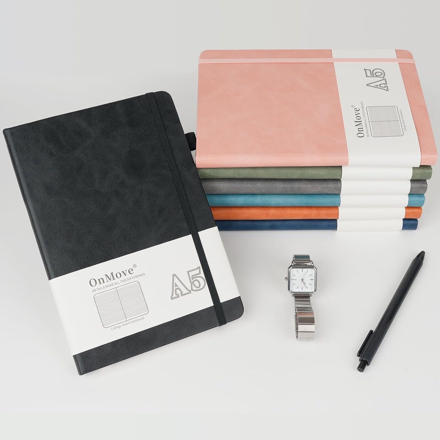 Notebooks Journal for Women Men 5 Pack Bulk Leather Hardcover with Pen Holder A5 160 Pages 100 GSM Thick Paper for Work School Lined Gray