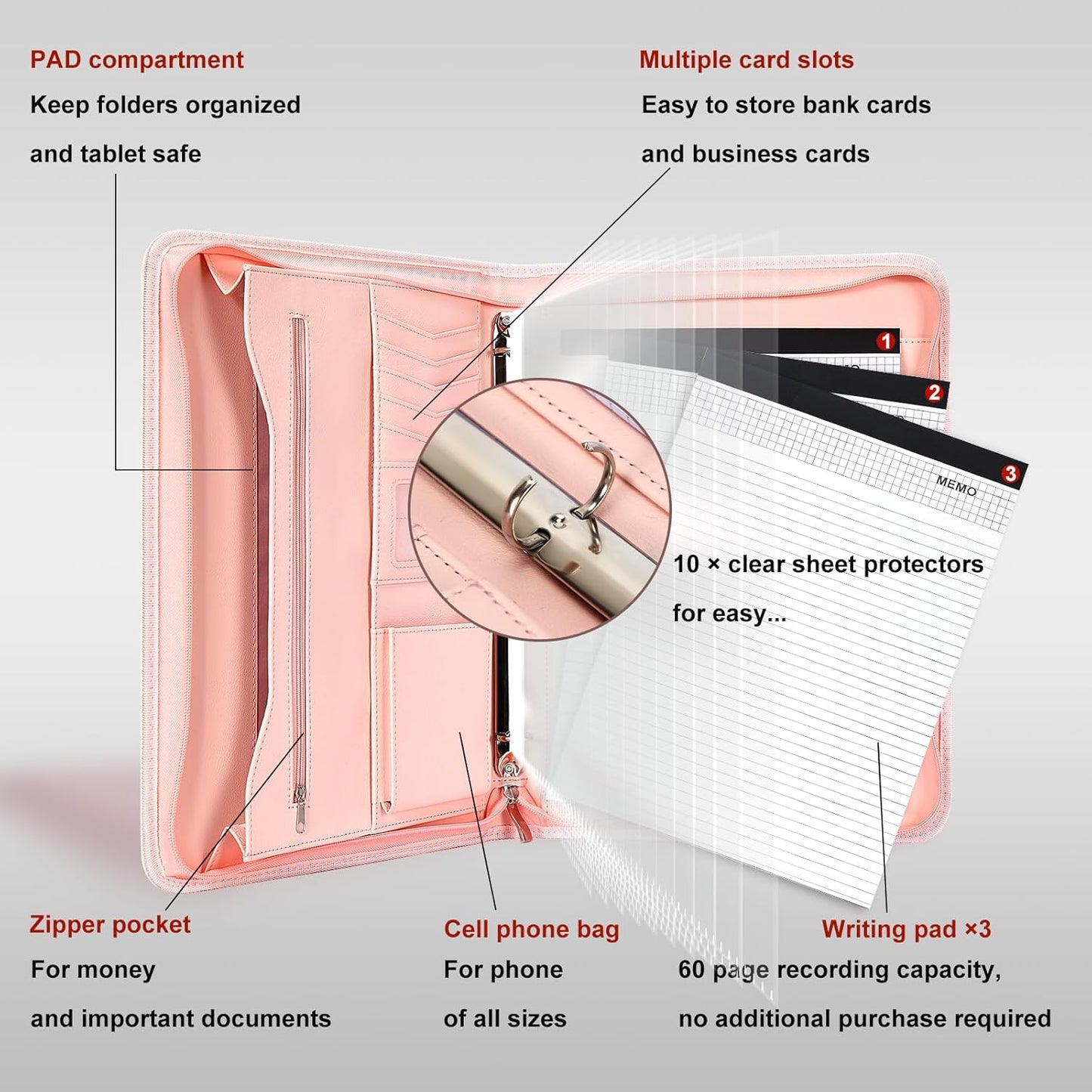 Leathario Portfolio Binder, Includes 10 Sheet Protectors and 3 Notepads, 3-Ring Folder Organizer, A4 Padfolio with Zipper, Vegan Leather Tablet Sleeve, Business Office Conference Clipboards