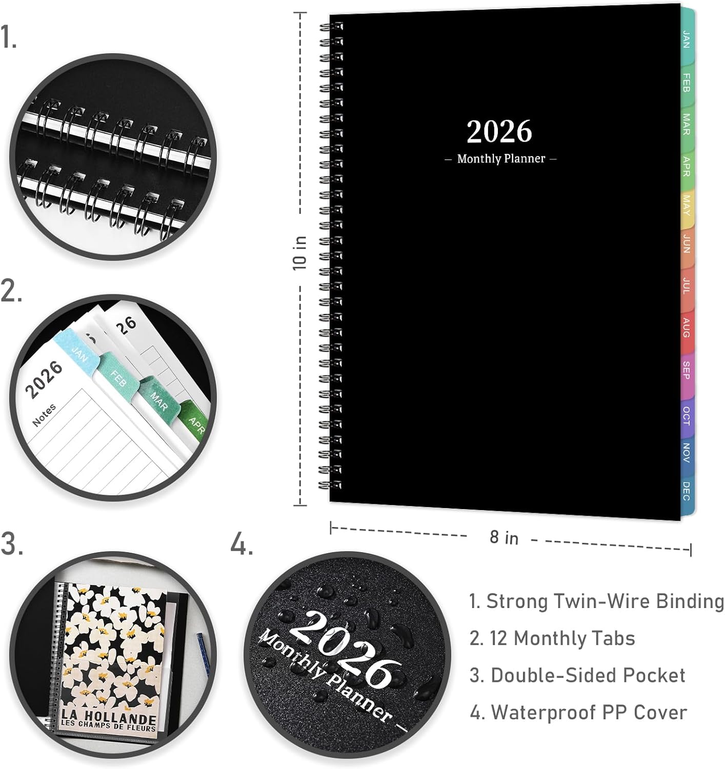 2026 Monthly Planner - JAN. 2026 - DEC. 2026, 2026 Planner with Colorful Tabs, 8" x 10", Monthly Planner/Calendar 2026 with Contacts, Back Pocket, Thick Paper, Twin-Wire Binding - Waterproof Cover(Black)
