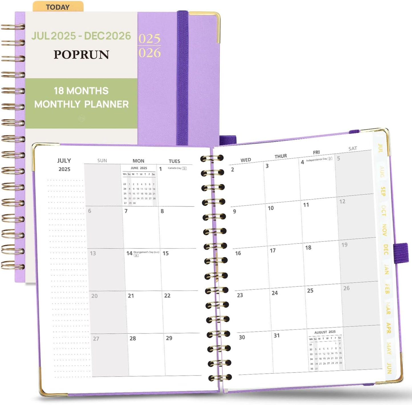 POPRUN Monthly Planner 2025-2026 Spiral Hardcover (6.25'' x 8.5''), 18 Months Calendar (Jul.2025 - Dec.2026)- 2 Pages per Month with Dotted Note Pages, Sunday Start, Laminated Tab - Violet