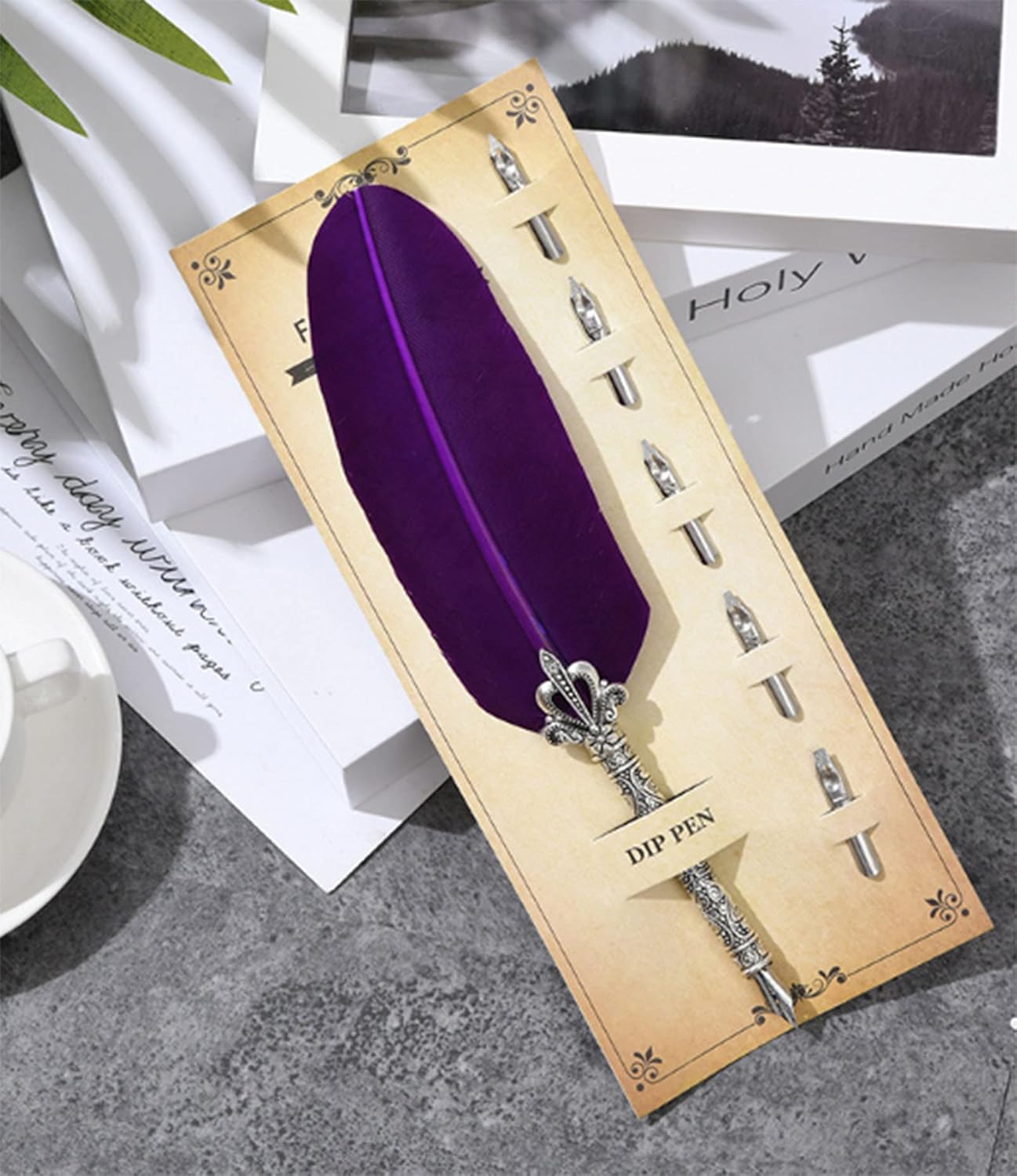 Gullor Calligraphy Feather Quill Pen and 5 Calligraphy Nibs for Beginners Kids Calligraphy Writing Quill Dip Pen Set, Purple