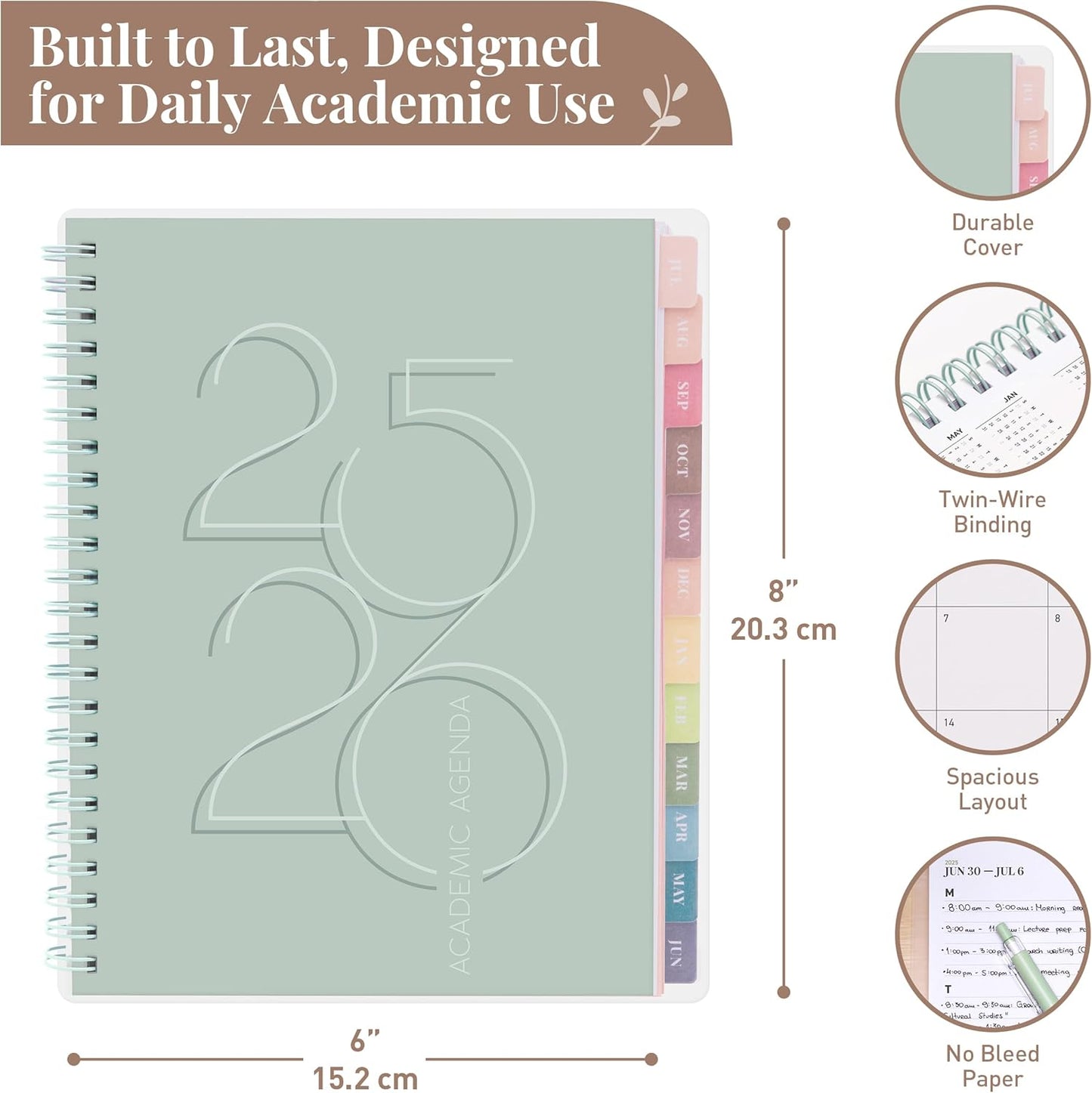 Rileys Academic Planner 2025-2026, Daily, Weekly & Monthly Planner, July 2025 - June 2026, Student Notes Pages, Twin-Wire Binding, Weekly Agenda for School & Work (8 x 6-Inches, Green, Deco)