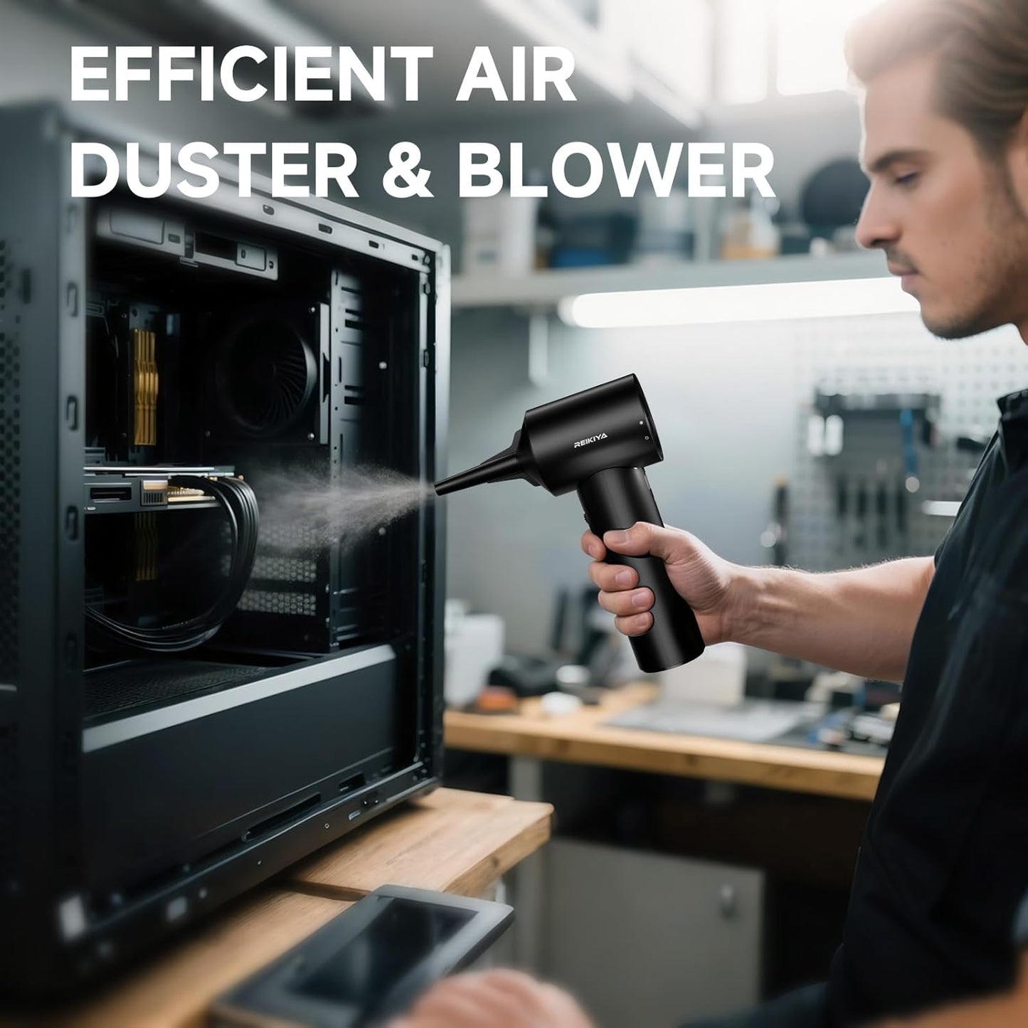 REIKIYA Compressed Air Duster 150000RPM Portable Air Blower for Computer, Keyboard with LED Light, 7800mAh Rechargeable 18000Pa Cordless Portable Vacuum Cleaner for Car Home Office