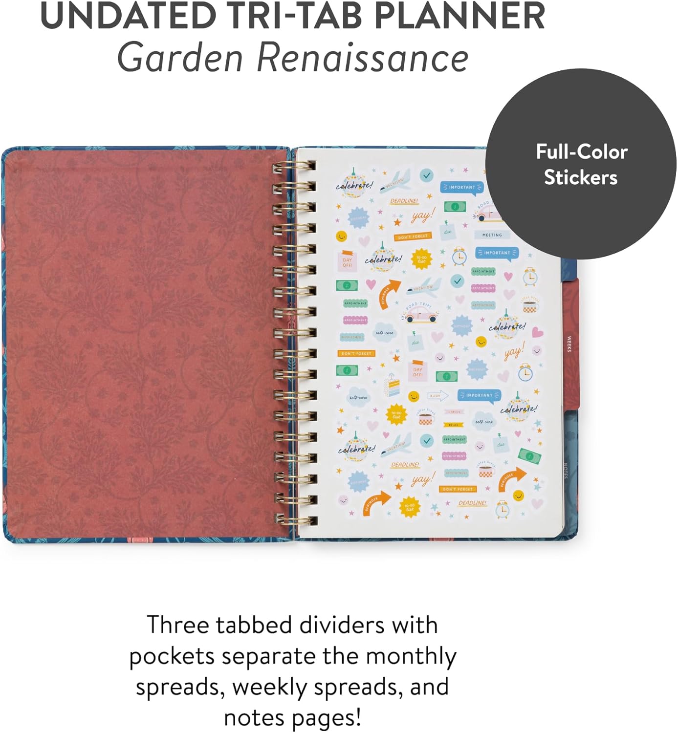 Orange Circle Studio Undated Tri-Tab Academic Planner 2026, Garden Renaissance, Daily Notebook Journal, Cute Weekly and Monthly Calendar with Pocket, Stickers, Lined Pages for To Do lists and Planning