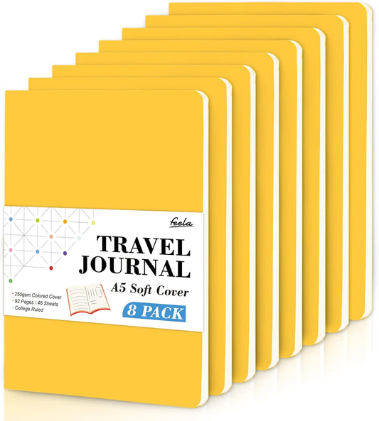 feela 8 Pack Soft Cover Journal Bulk, Notebooks College Ruled for Work, Lined Travel Journal for Women Men, Note Taking Notebook School Supplies Business Writing, 8.2” x 5.5”, A5, Yellow