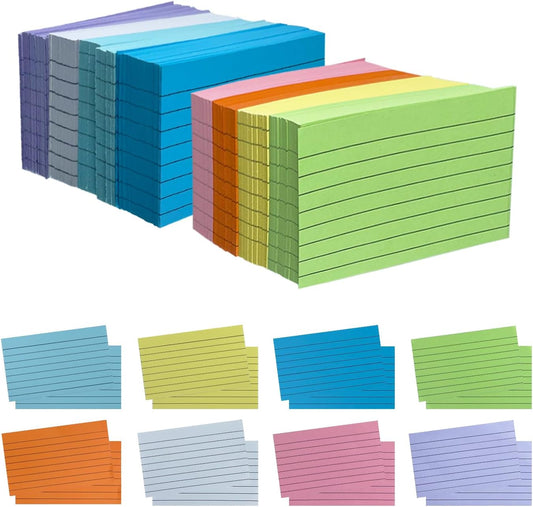 TFLFL Index Paper Cards 3x5 Inch, 1200PCS Flash Cards, Thin Note Cards Paper 8 Colors Ruled Index Cards, Assorted Lined Colored Flashcards, Study Card Memo Scratch Pad for Home Office School