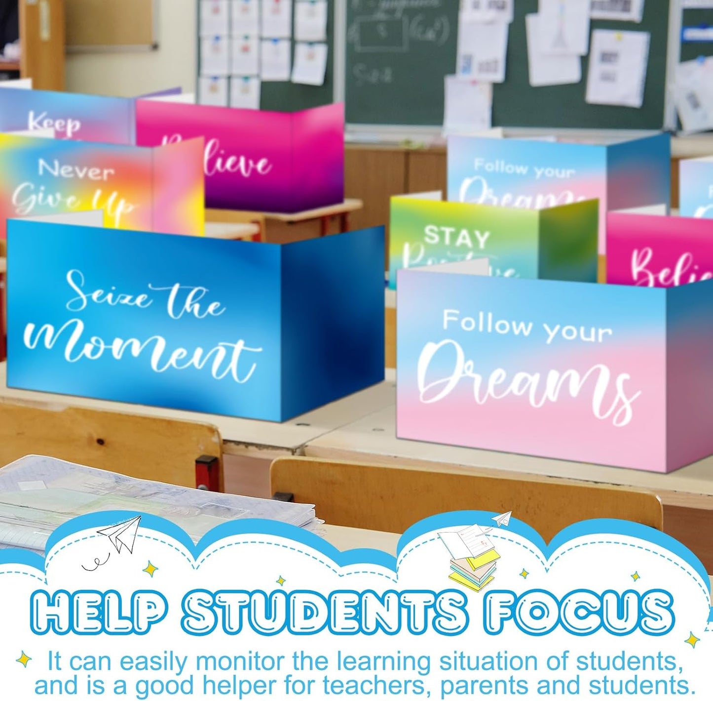 Honoson 24 Pcs Bulk Inspirational Privacy Folders for Students Cardboard Test Privacy Boards Motivational Words Desk Dividers Shield for Classroom School Study Supplies, 6 Styles(Tie Dye)