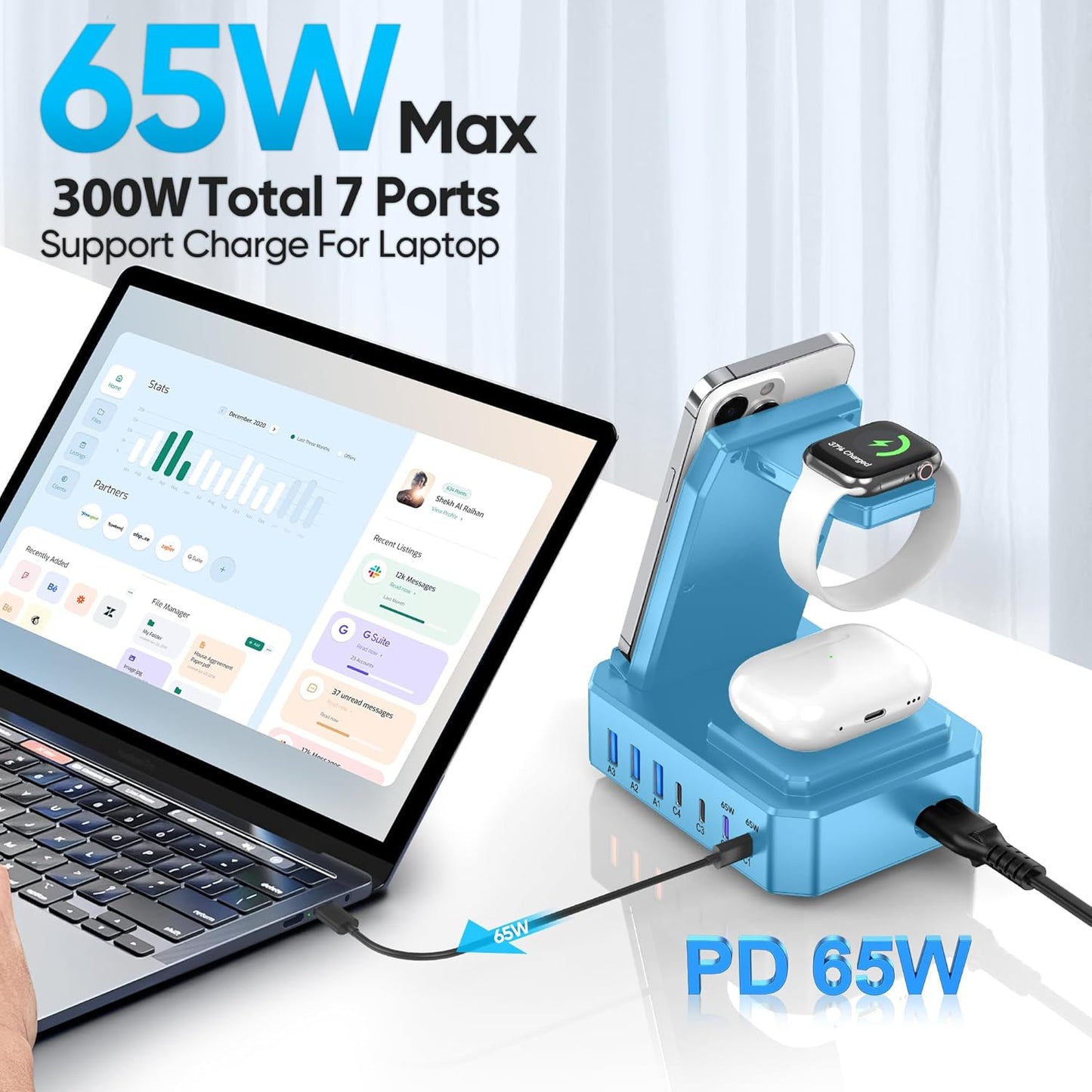 300W Charging Station for Multiple Devices Apple, Zutspzss 10 in 1 Wireless Charger for iPhone 16, GaN III USB C 65W PD Fast Charging Stand Dock for Apple Watch&Airpods,Blue