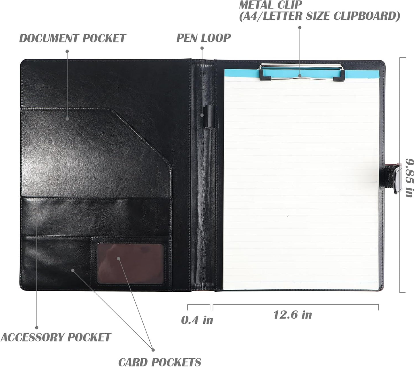 PU Leather Portfolio Binder, Professional Padfolio with Clipboard, Legal Pad Holder for A4 Letter Size Notepad, Resume Portfolio Folder for Business School Office Conference(Black)