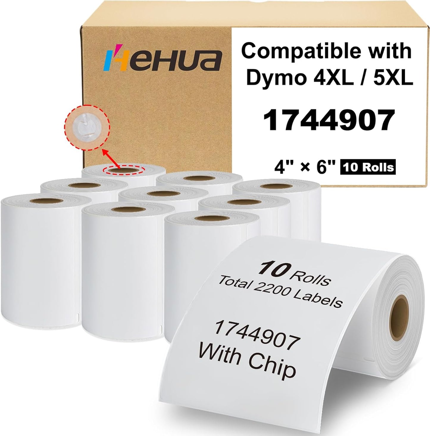 Hehua 10-Roll 1744907 with RFID Chip, 4 x 6 Direct Thermal Printer Shipping Labels, Compatible with DYMO LabelWriter 5XL 4XL LW Extra-Large Internet Postage Labels, 4" x 6" Size, Total 2200 Quantity