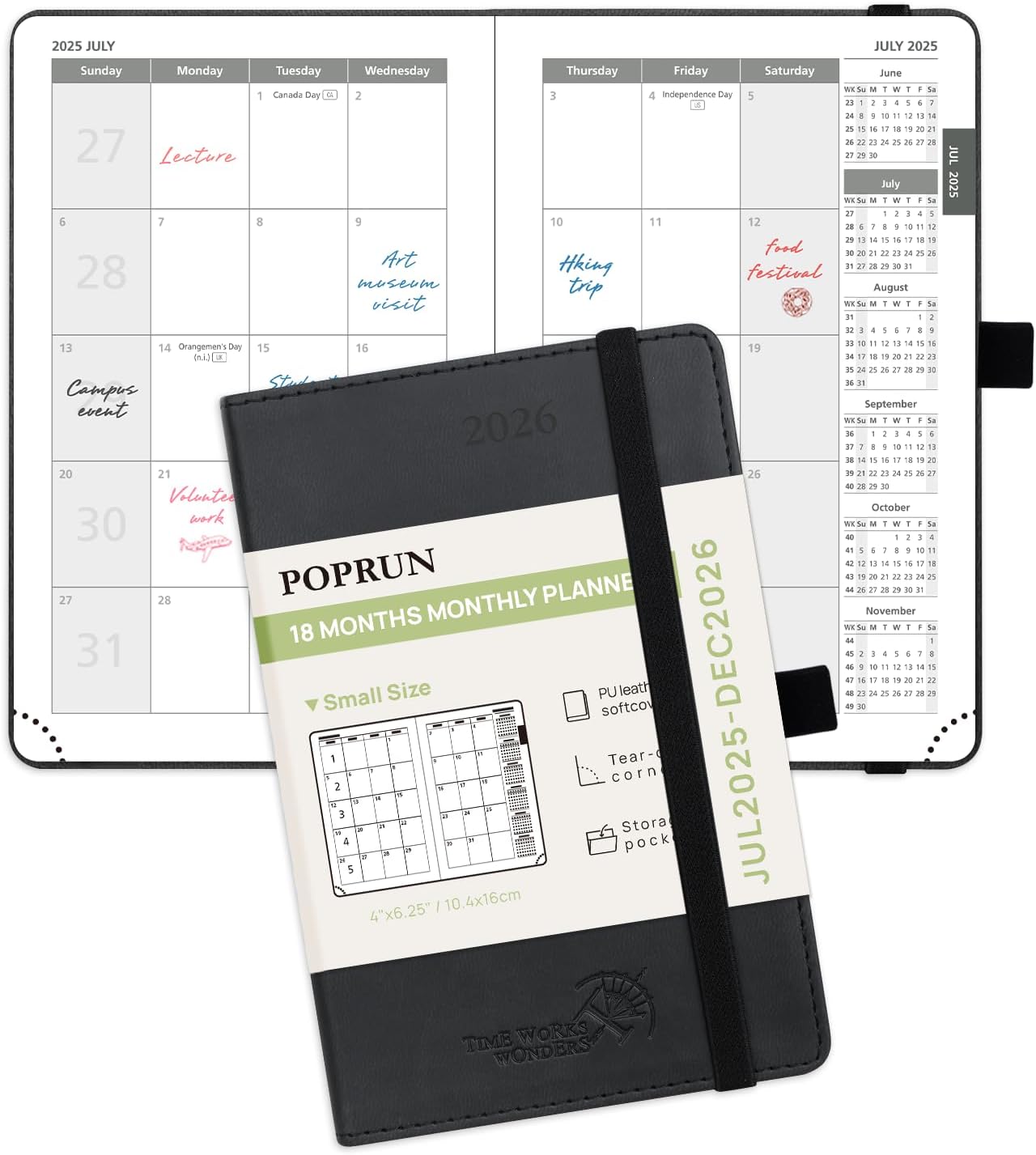 POPRUN Pocket Monthly Planner 2025-2026 (Pocket- 4''x 6.25''Soft Leather Cover) - 18 Month Calendar Book for Purse (Jul.2025-Dec.2026), 100 GSM Thick Paper - Black