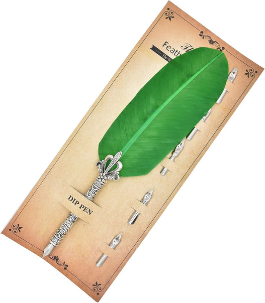 Gullor Calligraphy Feather Quill Pen and 5 Calligraphy Nibs for Beginners Kids Calligraphy Writing Quill Dip Pen Set, Green