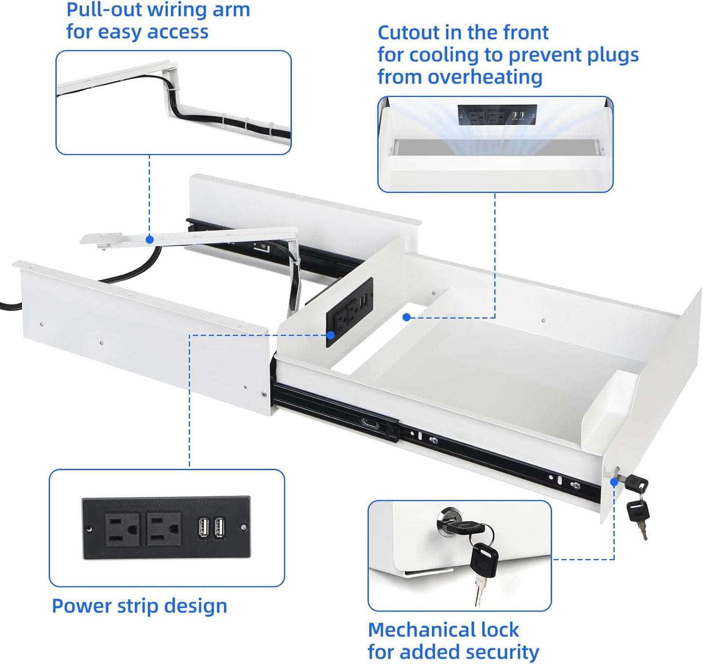Lumil Under Desk Mounted Drawer Lockable with 3 Prong Extension Cord 10 FT with Multiple Outlets and Foldable Cable Management Arm for Office Desk 15.7" (W) x 15.7" (D) x 4.4" (H), White