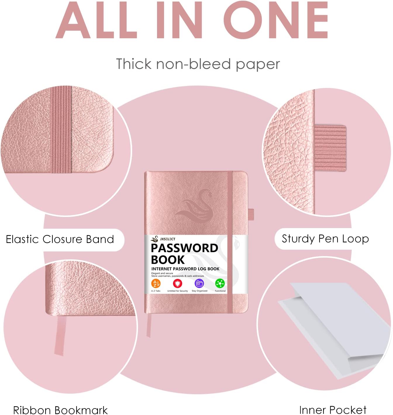 Elegant Password Book with Alphabetical Tabs - Hardcover Password Book for Internet Website Address Login - 5.2" x 7.6" Password Keeper and Organizer w/Notes Section & Back Pocket (Rose Gold)