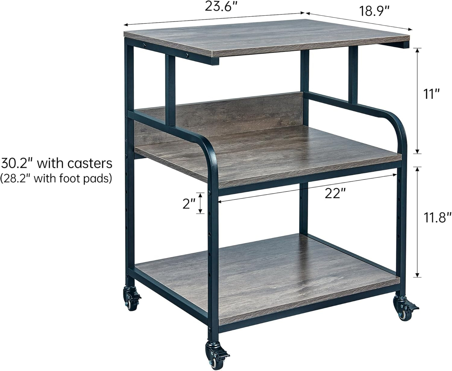 Large Printer Stand Table 23.6 x18.9 x 30 Inches with Height Adjustable Storage Shelf, 3 Tier Rolling Printer Cart with Wheels for Home Office, Gray