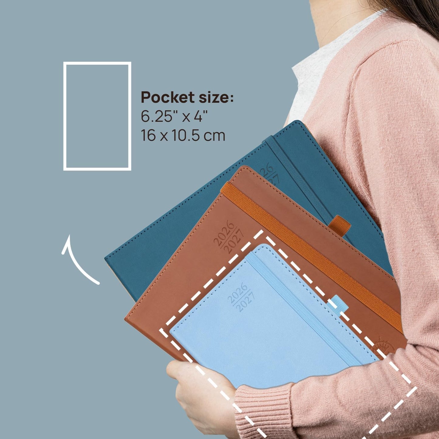 POPRUN Pocket Monthly Planner 2026-2027 (Pocket- 4''x 6.25'' Soft Leather Cover) - 18 Month Calendar Book for Purse (Jan.2026 - Jun. 2027), 100 GSM Thick Paper - Grey