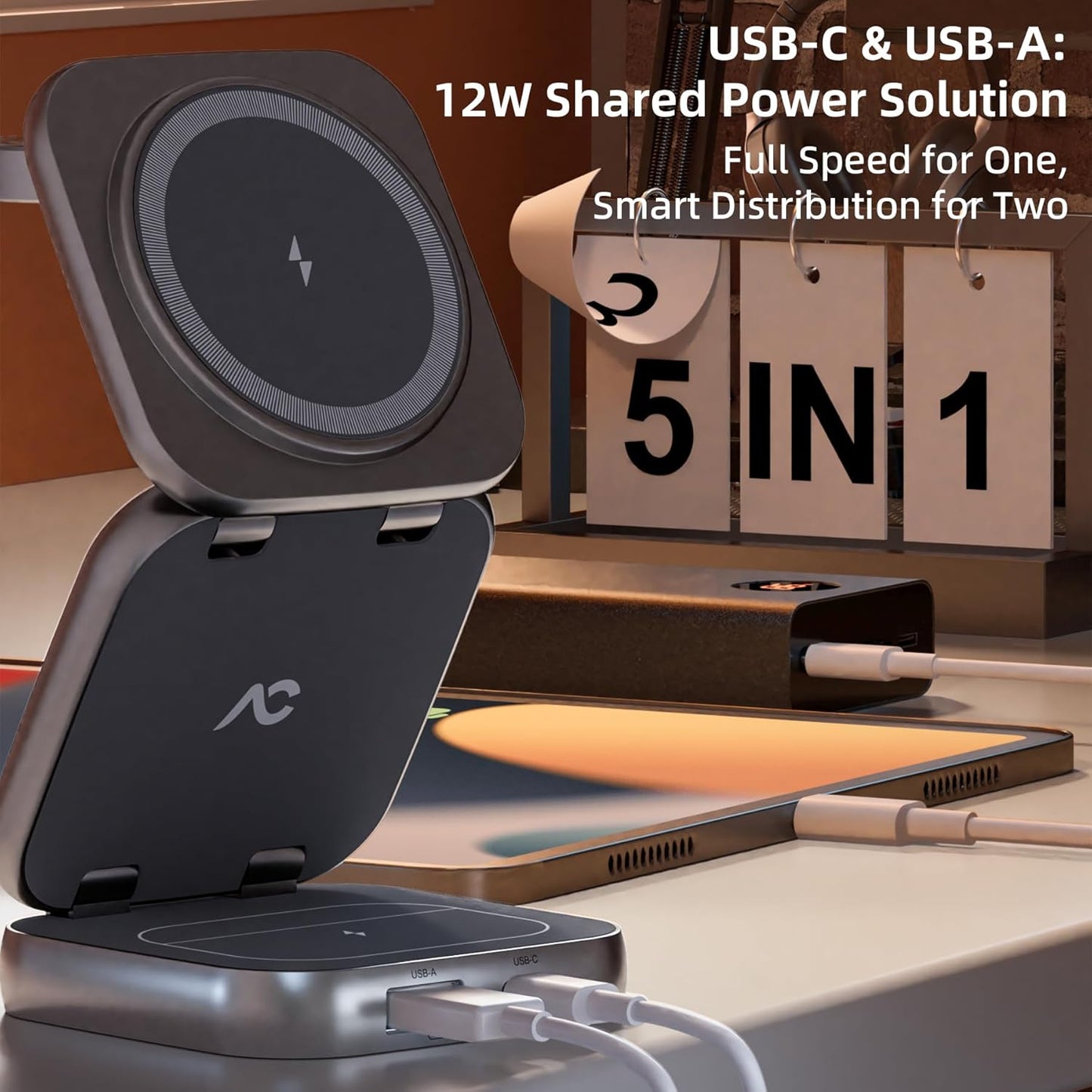 5-in-1 Wireless Charger for MagSafe, AC ISLAND Portable Travel Charging Station, 15W Max Fast Foldable Magnetic Stand, Evolved for iPhone 17/16/15/14/13 Series, Apple Watch, AirPods (with 35W Adapter)