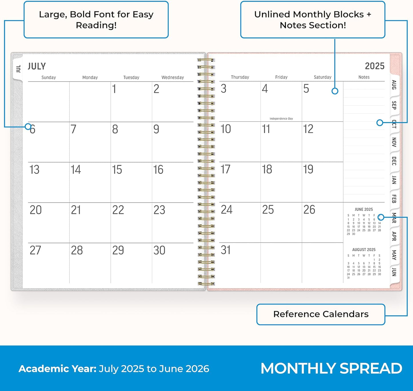 Blue Sky 2025-2026 Large Print Weekly and Monthly Academic Year Planner Calendar, July 2025 - June 2026, 8.5" x 11", Flexible Cover, Wirebound, Storage Pocket, Laminated Tabs, Charlotte