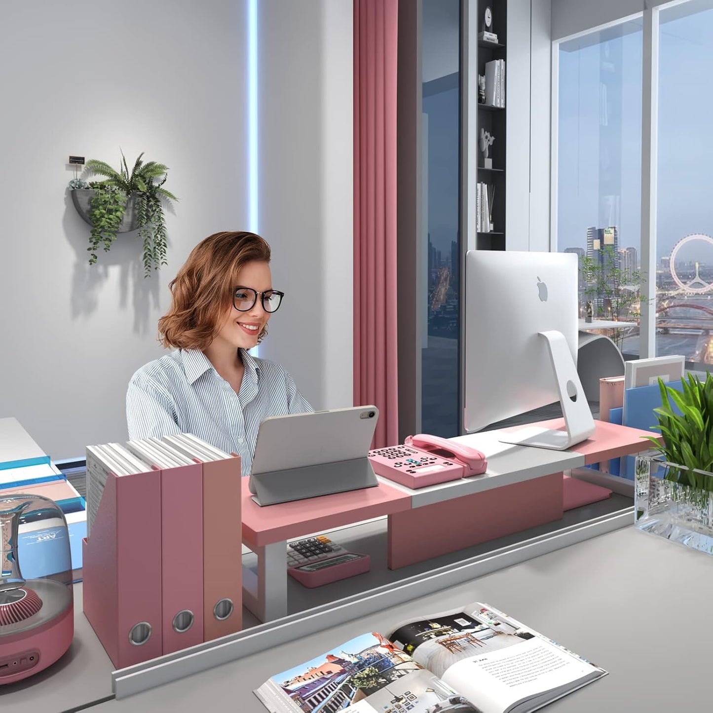 WESTREE Dual Monitor Stand Riser, Wood and Steel Monitor Stand Riser, Computer Monitor Stand for 2 Monitors, Multi-Purpose Desktop Storage Stand for Computer,Laptop,Printer,TV