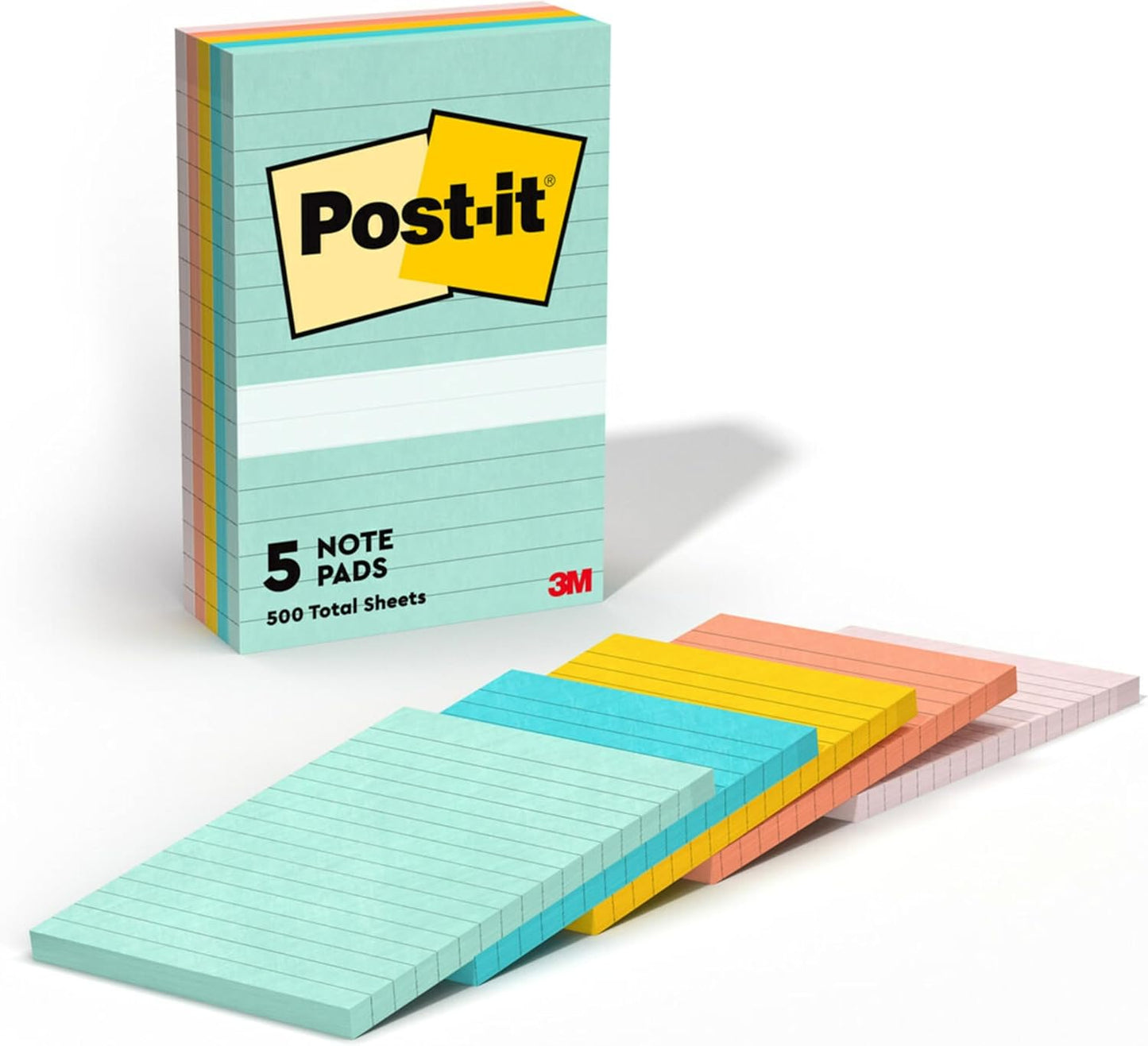 Post-it Notes, 4 in x 6 in, 5 Lined Sticky Note Pads, 100 Sheets per Pad, Beachside Café Collection, School Supplies and Office Products