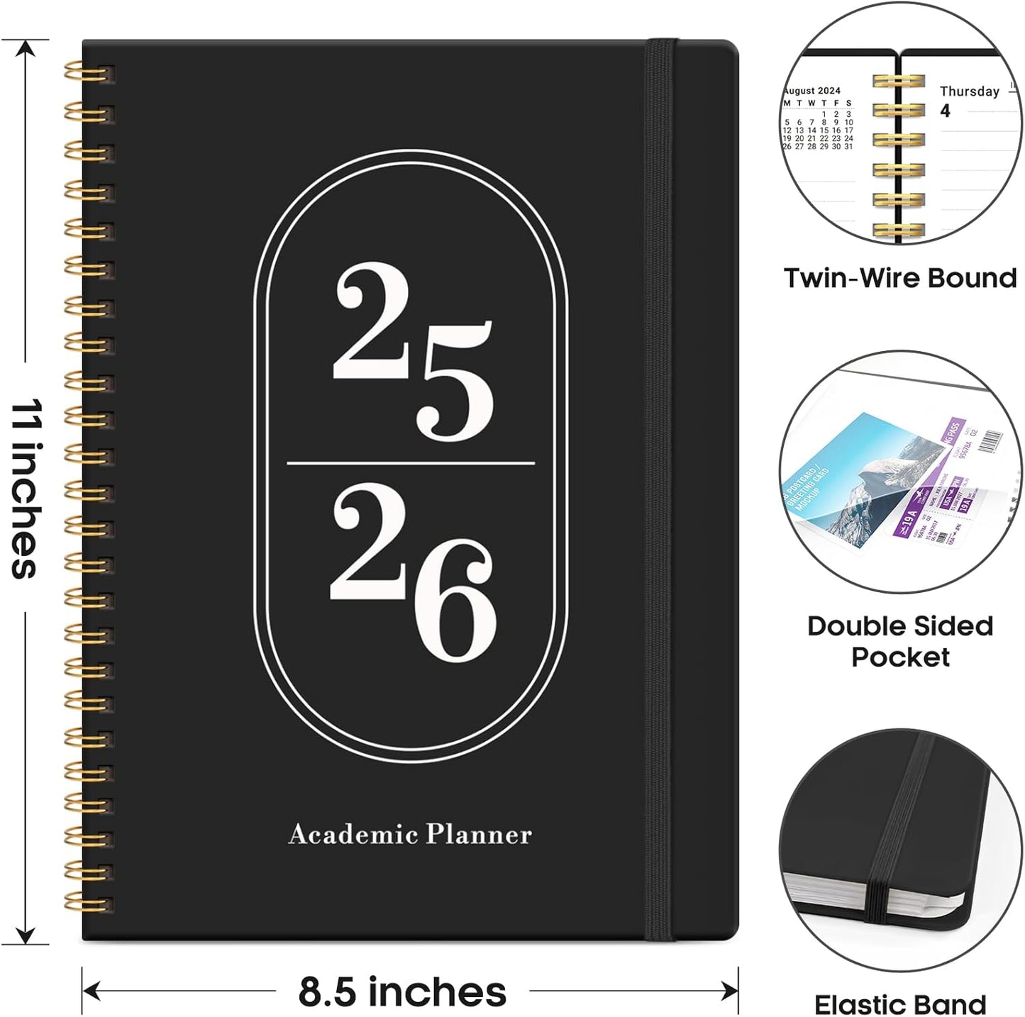 Planner 2025-2026, Academic Year Weekly and Monthly Calendar Planner, July 2025 - June 2026, Spiral Bound School Planning Tool, Perfect for Teacher, Student, Woman & Men - A4 (8.5" x 11"), Black