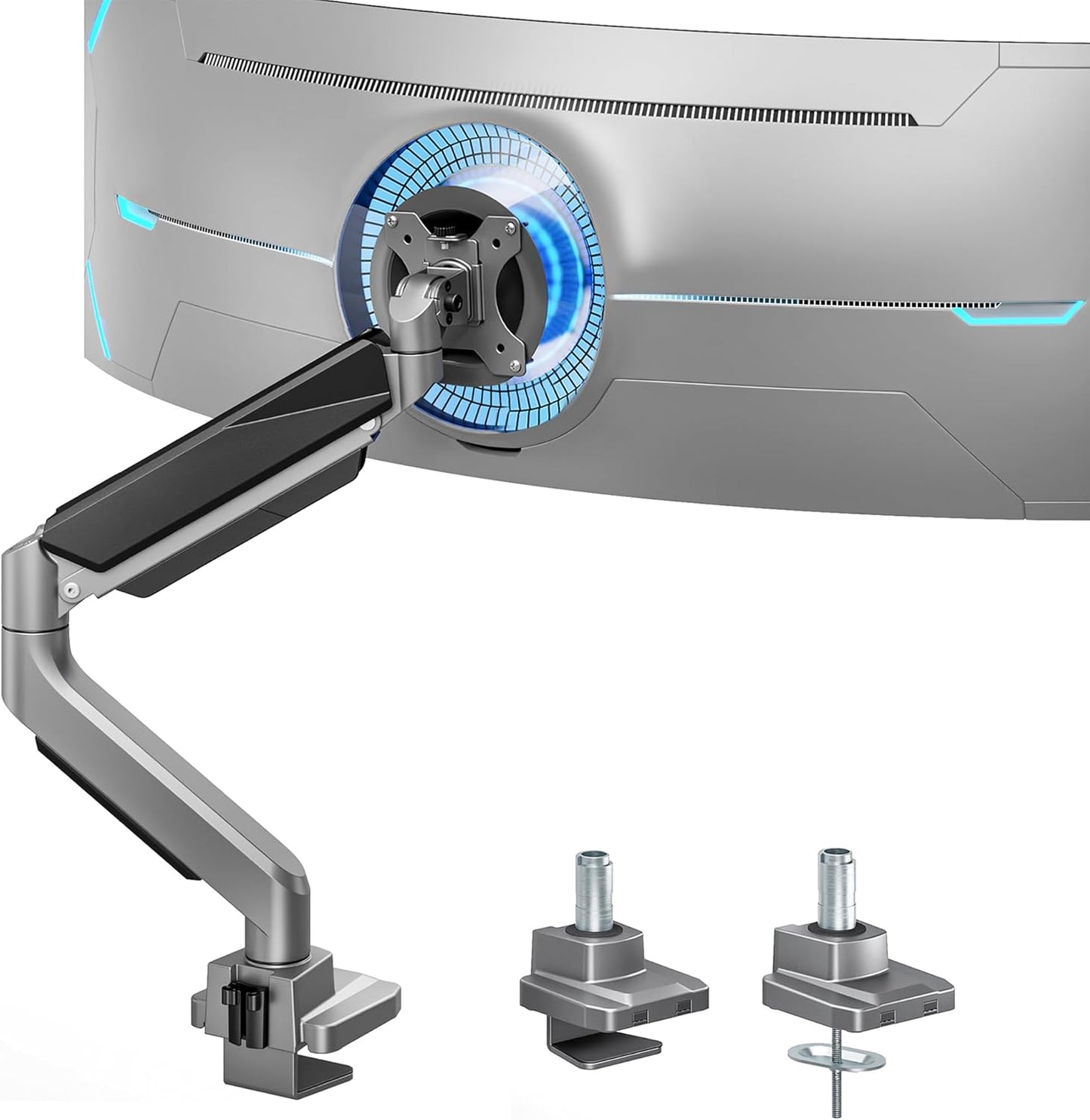 ARES WING Ultrawide Monitor Arm, Heavy Duty Single Monitor Mount for 13"-49" Curved Screens, Adjustable Stand for Desk with C-clamp & Grommet Base up to 40 LBS, Gray