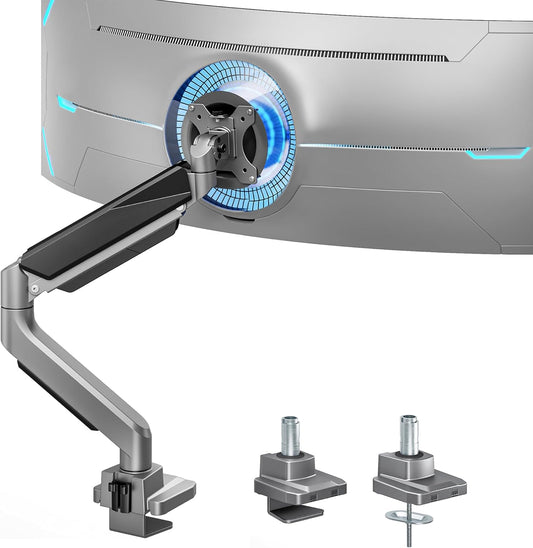 ARES WING Ultrawide Monitor Arm, Heavy Duty Single Monitor Mount for 13"-49" Curved Screens, Adjustable Stand for Desk with C-clamp & Grommet Base up to 40 LBS, Gray