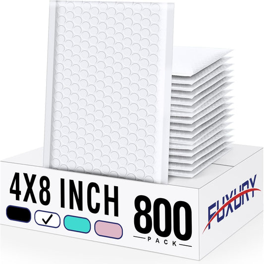 Fuxury Bubble Mailers 4x8" 800Pcs Bulk, Waterproof Padded Envelopes Usable Size 4x7", Cushioning Small Mailing Envelopes, Padded Mailers Shipping Bags for Small Business Packing, #000 White