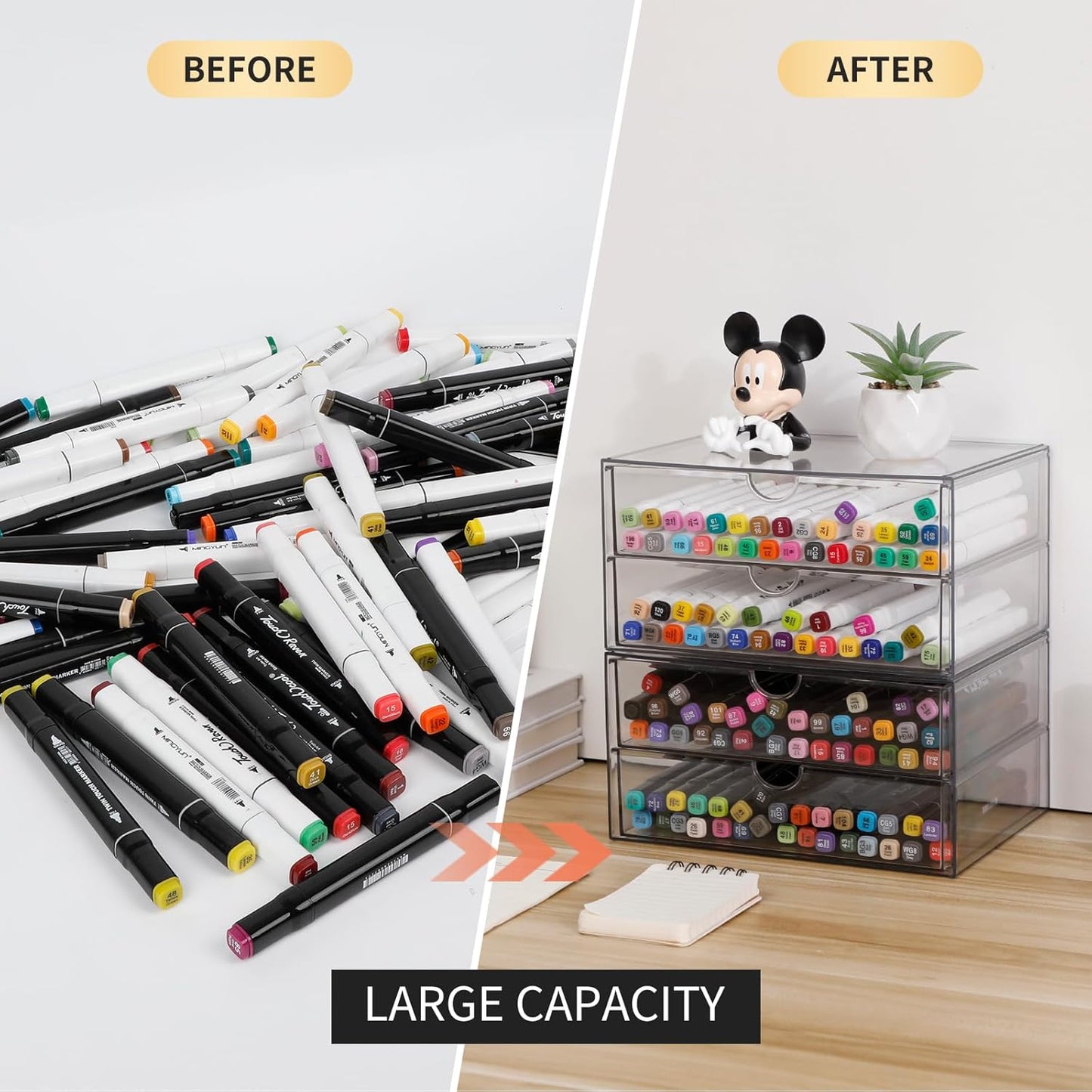 Clear Desk Organizers and Accessories, Plastic Drawer Organizer for Home Office Supplies, Marker Pen, Notebooks, Art Crafts, Stackable Makeup Storage Box for Bathroom Vanity (4 Drawers)