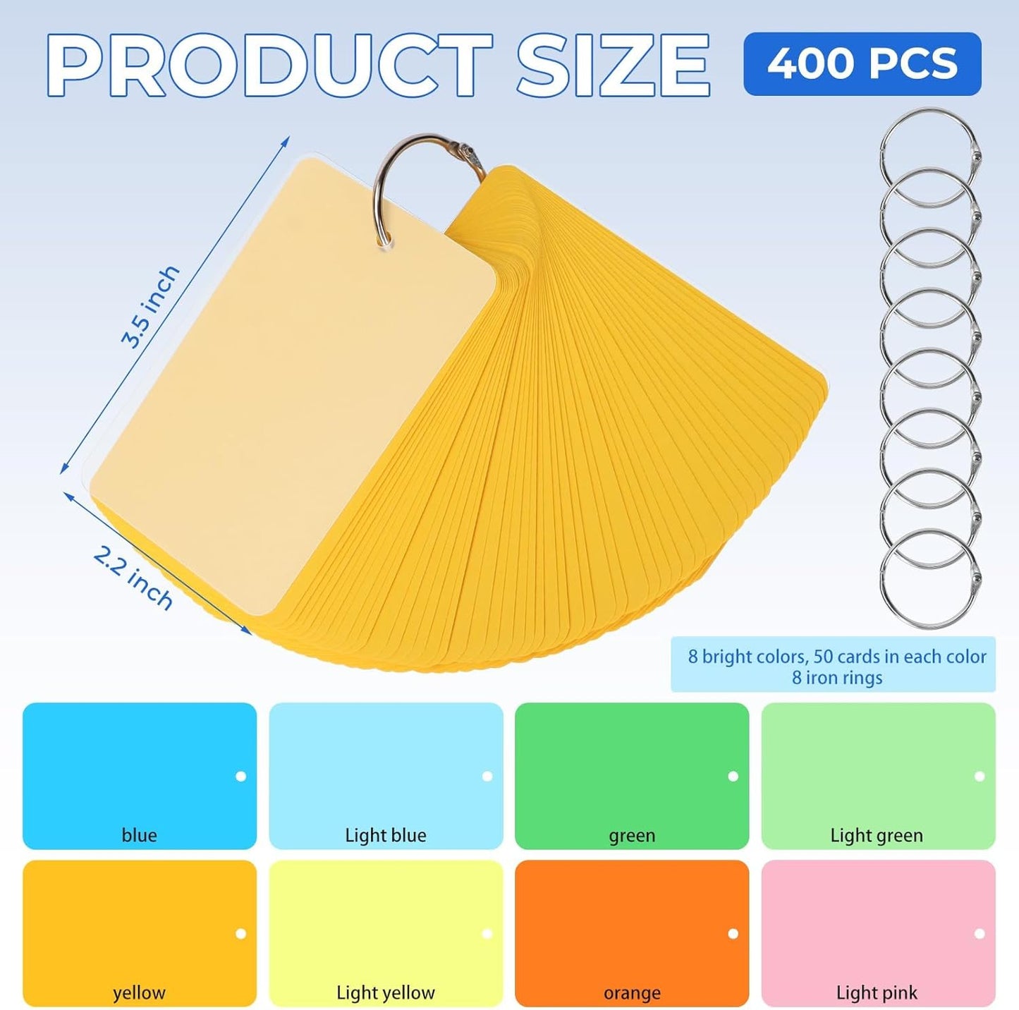 Tecmisse 400 PCS Colored Index Cards with Ring, 2.2 x 3.5 Inch, Small Blank Note Cards with Waterproof Covers,Flash Cards Studying for Office School Supplies