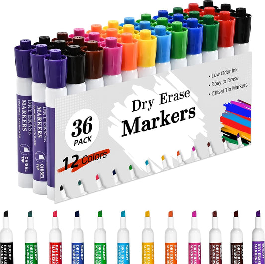 Dry Erase Markers, Chisel Tip Whiteboard Markers, Low Odor Dry Erase Marker, 36 Bulk 12 Assorted Color Markers for Kids/Teachers