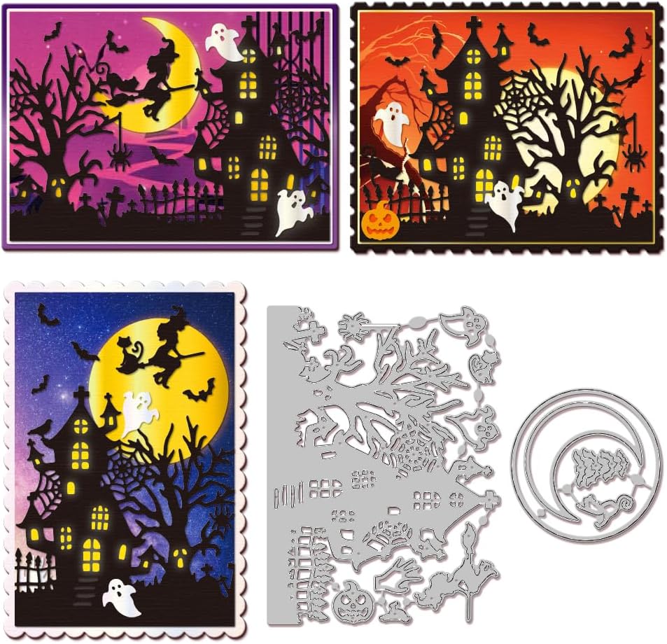 GLOBLELAND Halloween Haunted House Cutting Dies for Card Making Witch Cat Ghost Bat Cut Die for DIY Scrapbooking Journal Embossing Paper Craft Decor