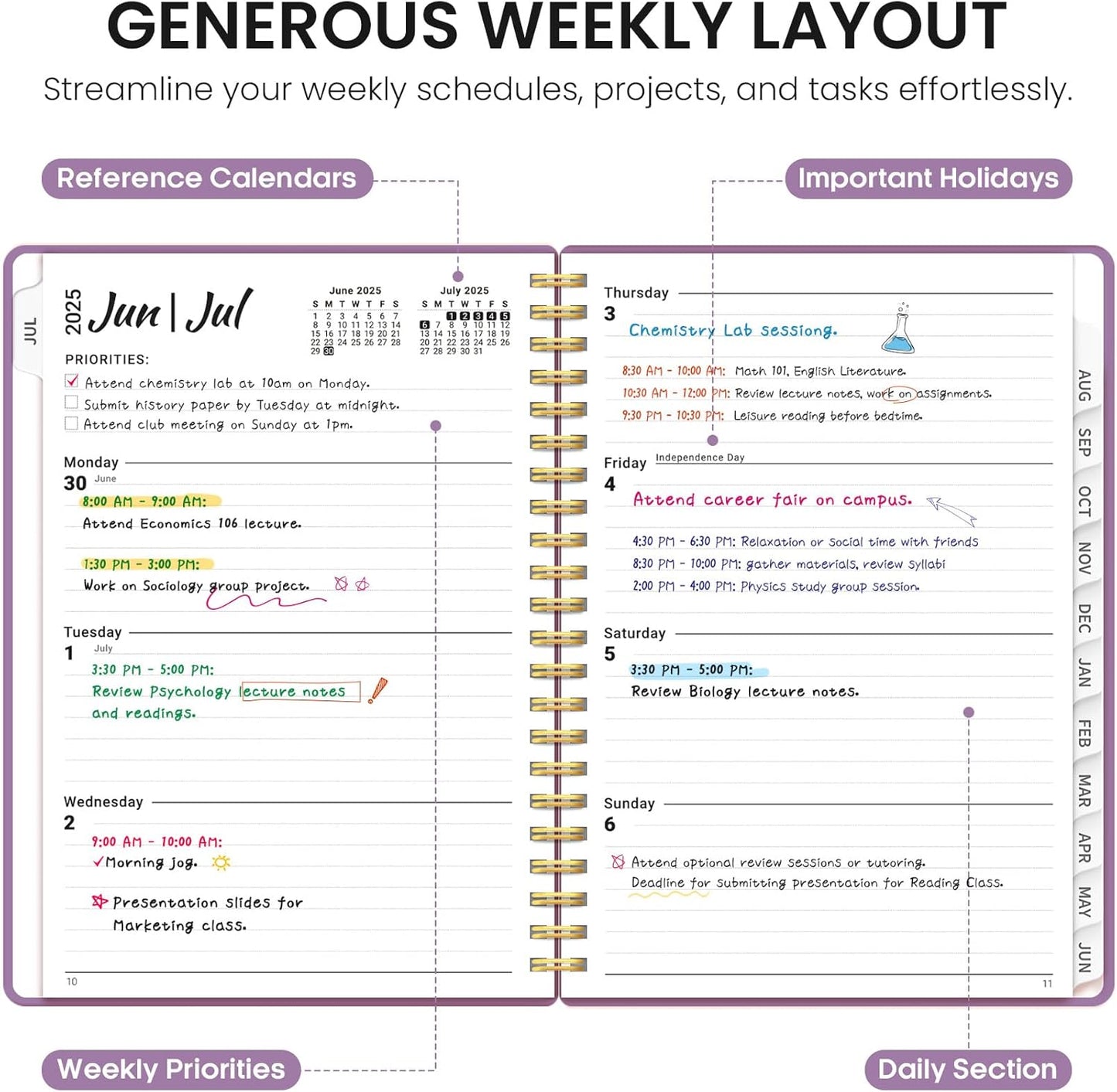 Planner 2025-2026, Academic Year Weekly and Monthly Calender Planner, July 2025 - June 2026, Spiral Bound School Planning Tool, Perfect for Teacher, Student, Women & Men - A5 (6.3" x 8.5"), Purple