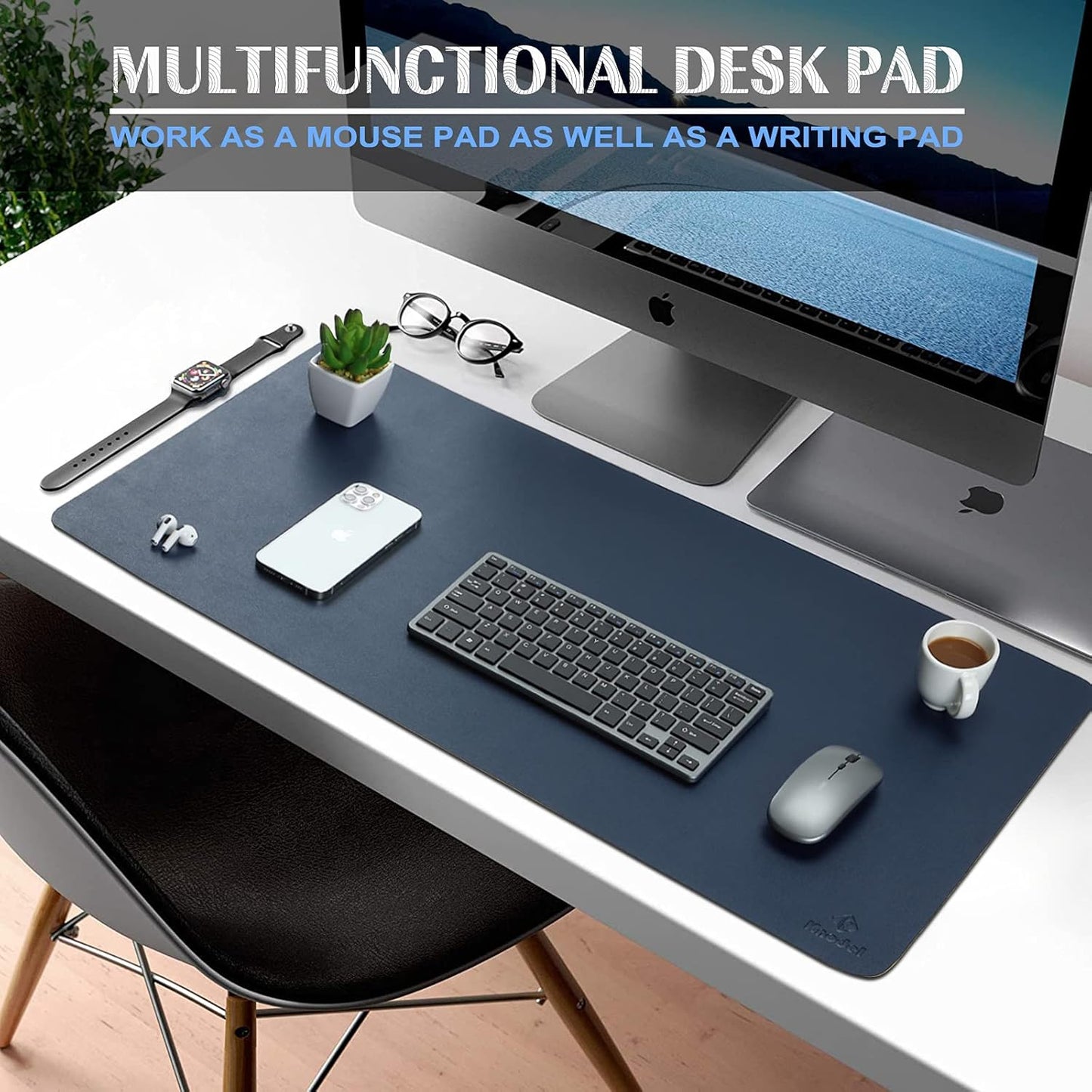 K KNODEL Large Office Leather Desk Mat, Mouse and Keyboard Pad, Computer and Laptop Mat, Desktop Protector and Cover, Writing Pad and Blotter (35.4"x17", Dark Blue)