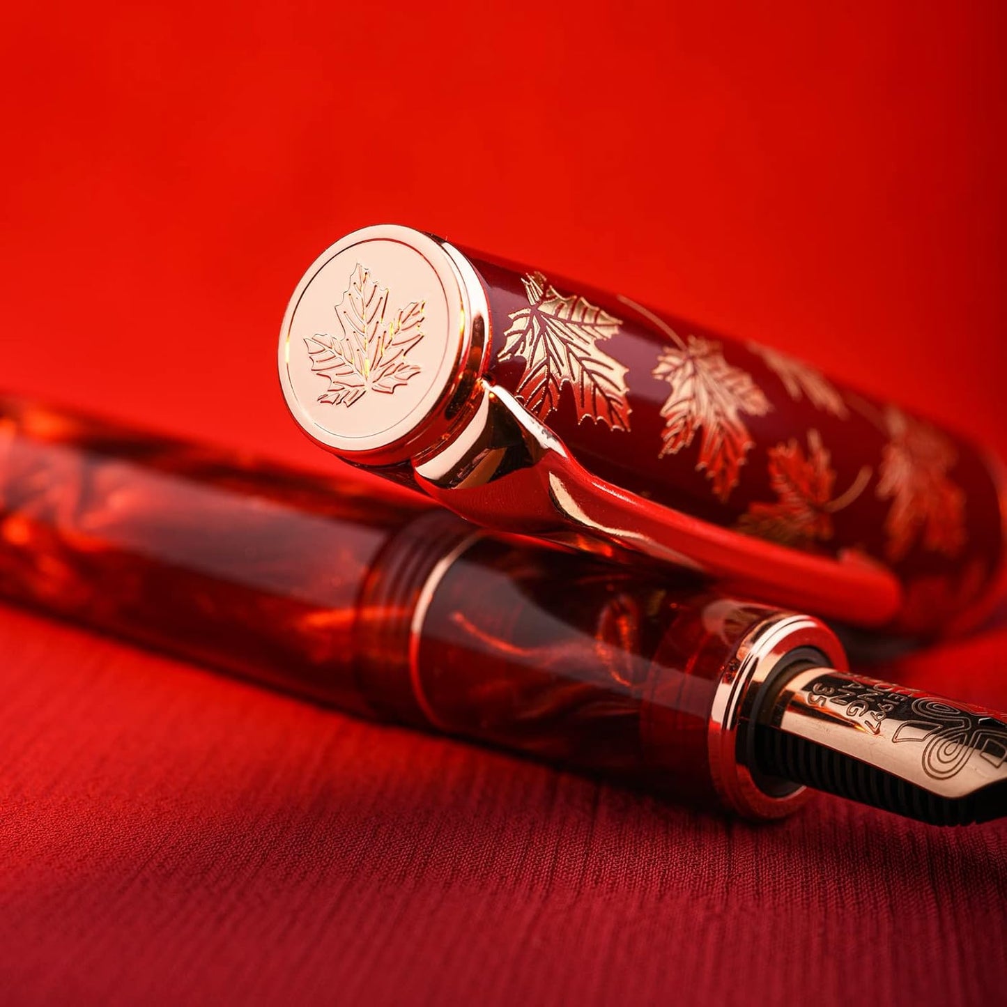 Hongdian N8 Red Acrylic Resin Fountain Pen, Iridium Extra Fine Nib Rose Gold Trim Maple Leaf Carving Cap, Smooth Writing Pen with Converter and Metal Pen Box Set
