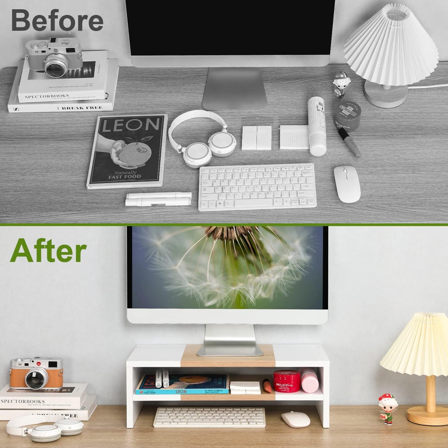 TEAMIX 2 Tiers Desktop Monitor Stand Riser 20 Inch Printer Stand with Storage Small TV Riser Laptop Wooden Desk Organizer Shelf Bookshelf Maple (White+Maple, 2 Tiers)