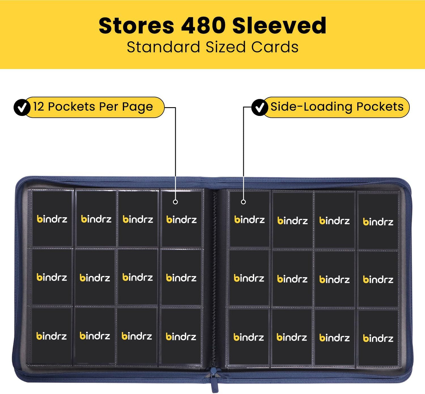 12 Pocket Zipper Binder for 480 Sleeved Trading Cards - Side Loading Pockets Album - Archival Safe Material and Compatible with TCG MTG and Sports Collectibles (Blue)