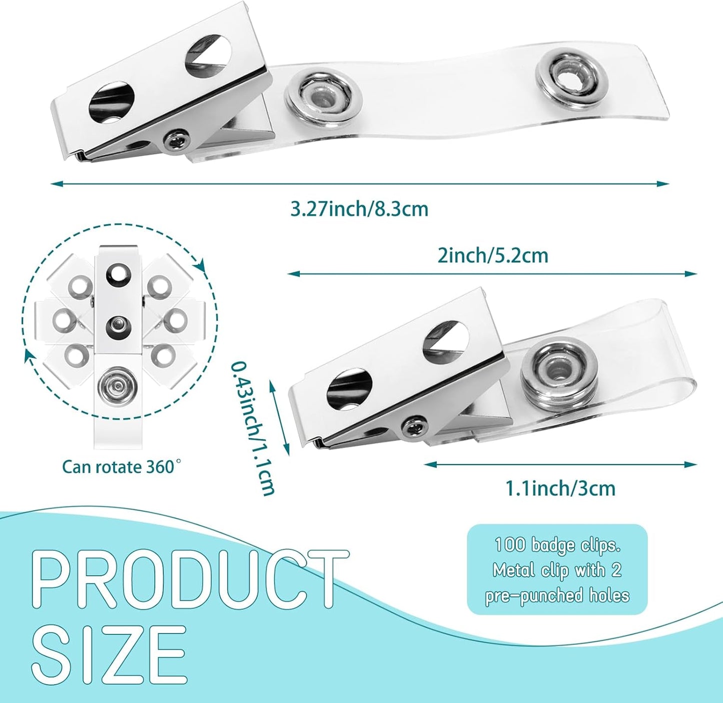 100Pcs Premium Metal Badge Clips with Clear PCV Straps, for ID Cards, Badge Holders, Name Tags, Work Badges