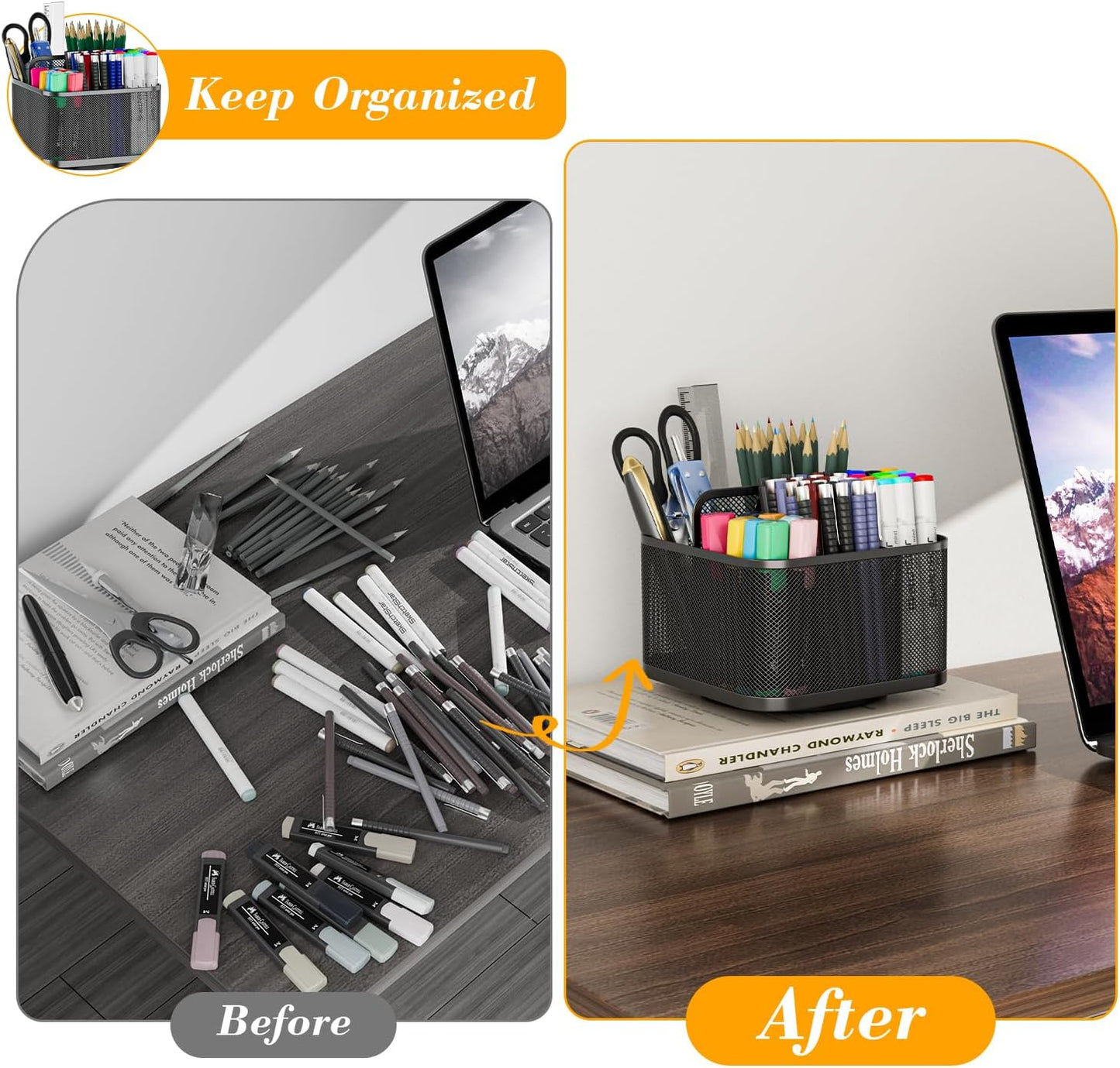 LUCYCAZ 360 Rotating Metal Pencil Pen Holder for Desk, Rotating Pencil Cup with 5 Slots, Dual-Purpose Desk Pen Organizer for Office, School, Home, Square