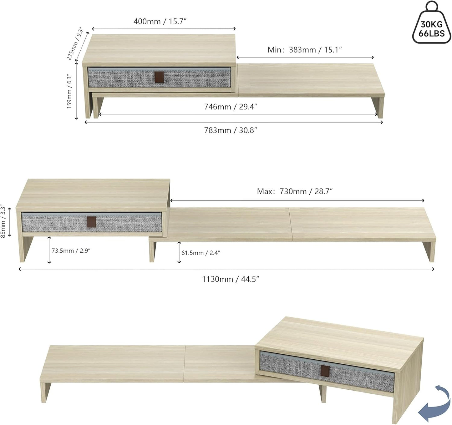 Fenge Computer Monitor Riser Stand with Drawer for 2 or 3 Monitors ,Adjustable Length and Angle Desktop Laptop Stand,Office Organizer,Printer,Oak