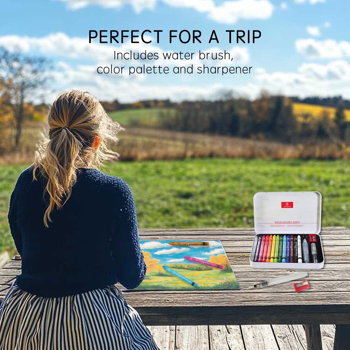 12 Colors Water Soluble Pastels, Watercolor Pastels Set for Beginners and Hobbyists, Includes Sharpener, Palette & Brush for Vibrant Art Creations (Classic)